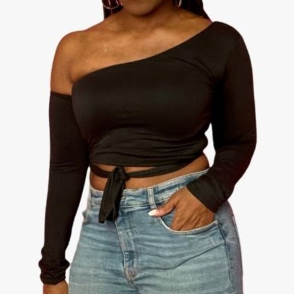 (NWT) One-Shoulder Wrap Tie Top - Black - Picture 1 of 4